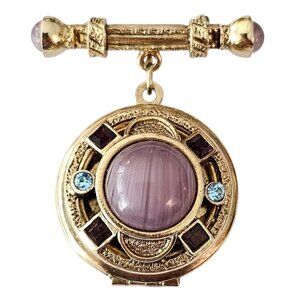 Gold Tone 1928 Brand Purple Art Glass Locket Glass Cab Square Rhinestone Brooch